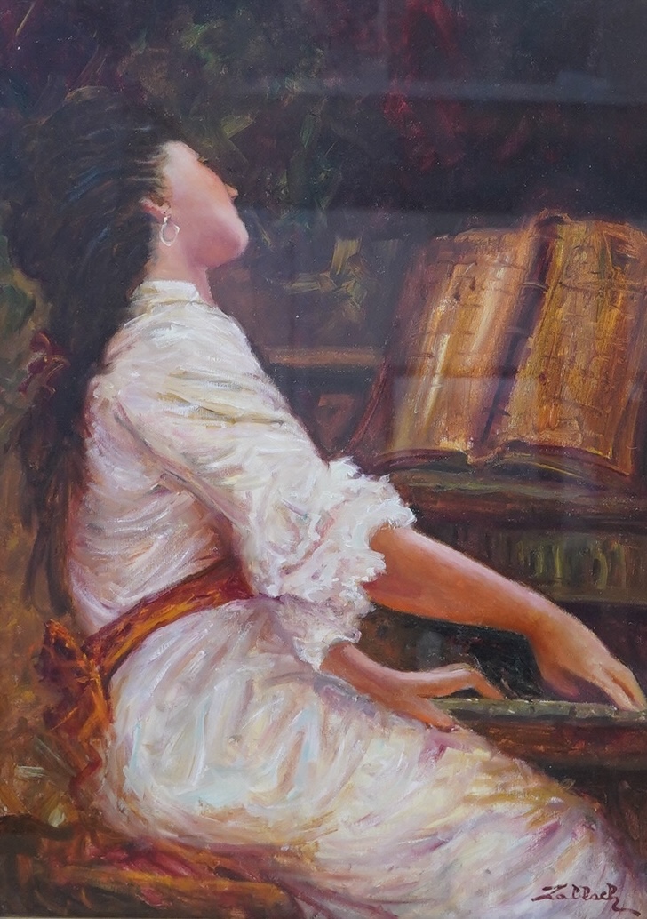 Zolbach?, Impressionist oil on canvas, Study of a lady playing a piano, signed, 68 x 48cm, ornately framed. Condition - good